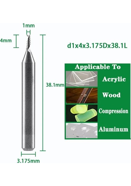 D1X4X3.175DX38.1L Spiral Uçlu Değirmen 3.175/4/5/6/8MM Shank Tek Flüt Freze Kesiciler 3D Cnc Freze Ucu Gravür Kesim Akrilik Ahşap Alüminyum (Yurt Dışından)
