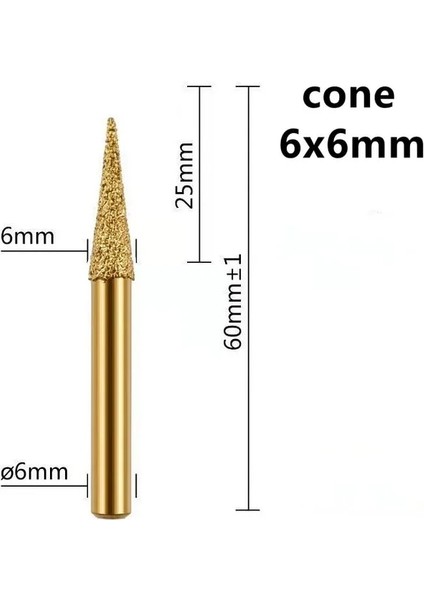 Koni 6x6 6mm Vakum Kaynaklı Elmas Taşlama Kafası Çapaklar Gravür Matkap Uçları Taş Alaşım Yeşim Soyma Dökme Demir Parlatma Oyma Araçları (Yurt Dışından)
