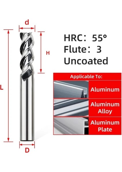 D5XD5X50L 1 Adet HRC55 3f Tooleye HRC55 3 Flüt Karbür Freze Tungsten Uçlu Freze Cnc Araçları Için Cnc Aracı Katı Karbür Alüminyum Kompozit Paneller (Yurt Dışından)