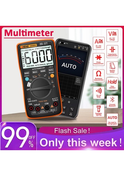 1 Çift Test Uçları Aneng AN9002 Bluetooth Dijital Multimetre 6000 Sayım Profesyonel Multimetrotrue Rms Ac/dc Akım Gerilim Test Cihazı Otomatik Aralığı (Yurt Dışından)