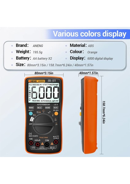 1 Çift Test Uçları Aneng AN9002 Bluetooth Dijital Multimetre 6000 Sayım Profesyonel Multimetrotrue Rms Ac/dc Akım Gerilim Test Cihazı Otomatik Aralığı (Yurt Dışından)