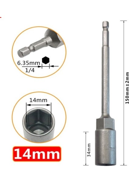 14MM 1 Adet 150MM Altıgen Somun Sürücü Matkap Ucu Adaptörü Soket Anahtarı Uzatma Kol Altıgen Matkap Ucu Uzunluğu 150MM Adaptör Çelik (Yurt Dışından)