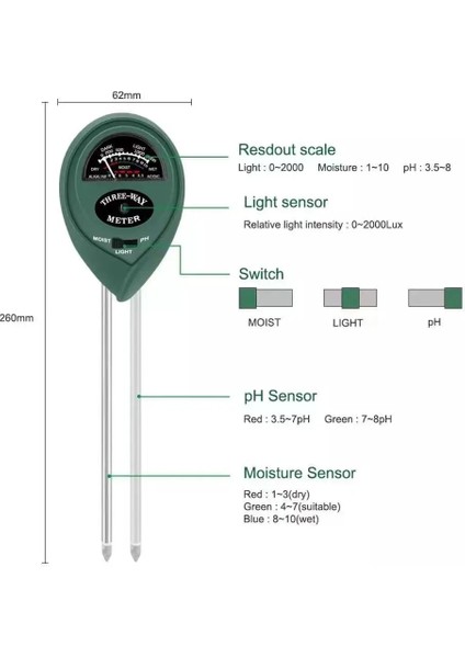 Yeşil 3 In 1 Toprak Ph Ölçer Nem Işık Ph Test Cihazı Asitlik Nem Güneş Işığı Bahçe Çiçekleri Nem Dedektörü Toprak Nem Sensörü Ölçer (Yurt Dışından)
