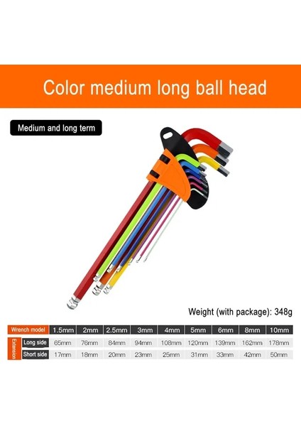 Orta Uzunlukta Top 9 Adet Renk Kodlu Top Uçlu Altıgen Allen Anahtar 1.5MM-10MM L Anahtar Seti Tork Uzun Metrik Kollu El Aletleri Bisiklet Aksesuarları (Yurt Dışından)