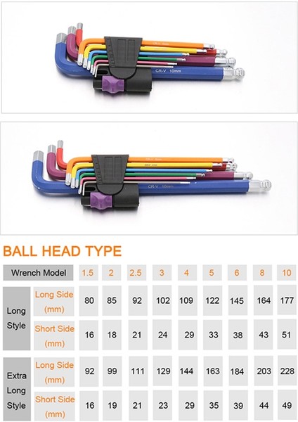 Orta Uzunlukta Top 9 Adet Renk Kodlu Top Uçlu Altıgen Allen Anahtar 1.5MM-10MM L Anahtar Seti Tork Uzun Metrik Kollu El Aletleri Bisiklet Aksesuarları (Yurt Dışından)