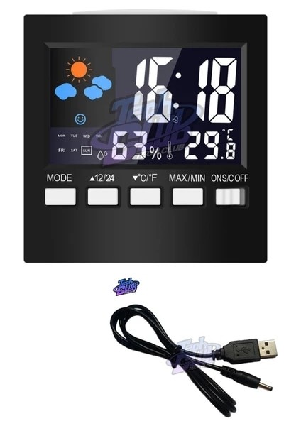 Siyah Çok Fonksiyonlu Termometre Higrometre Saat ve Çalar Saat LED Arka Işık Renkli Ekran Dijital Ekran Erteleme Saati + USB Kablosu (Yurt Dışından)