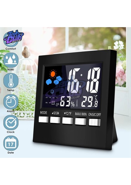 Siyah Çok Fonksiyonlu Termometre Higrometre Saat ve Çalar Saat LED Arka Işık Renkli Ekran Dijital Ekran Erteleme Saati + USB Kablosu (Yurt Dışından)