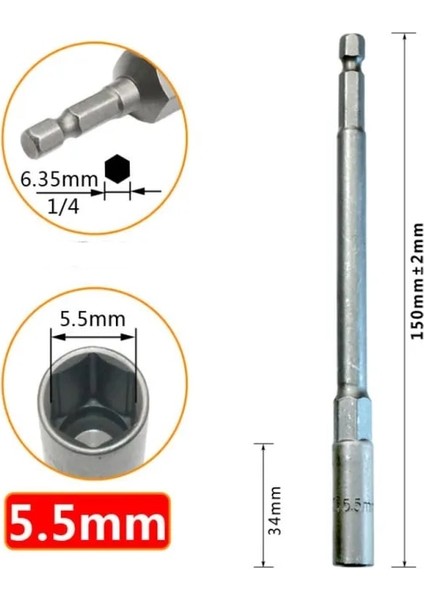 5.5mm 1 Adet 150MM Altıgen Somun Sürücü Matkap Ucu Adaptör Soket Anahtarı Uzatma Kol Altıgen Matkap Ucu Uzunluğu 150MM Adaptör Çelik (Yurt Dışından)