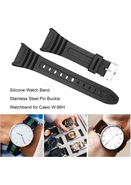 Silikon Saat Kayışı Paslanmaz Çelik Pin Toka Kordonlu Saat Casio W-96H Spor Erkek Kadın Kayış Bilezikler (Yurt Dışından)