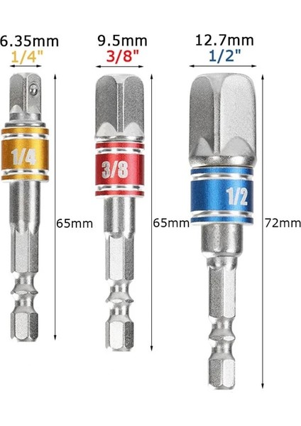 I90219 3 Adet Matkap Soket Adaptörü Darbeli Matkap Uzatma Matkap Uçları Bar Soket Adaptörü 1/4 3/8 1/2 Boyut Hex Shank Kare Kafa Matkap Ucu (Yurt Dışından)