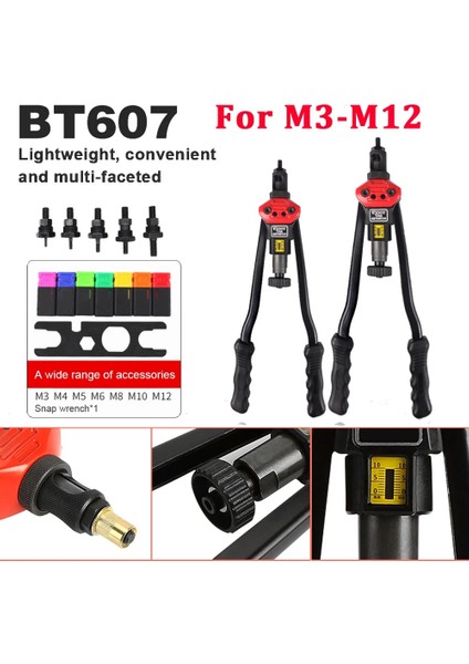 M10 Aksesuarları 9 Adet/takım BT-607 El Dişli Perçin Somun Tabancaları Kol Somun Perçinleyici Rivnut Aracı Otomatik M3-M8 388MM El Perçinleyici Yedek Parça (Yurt Dışından) fiyatları