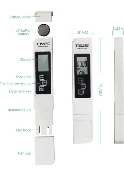 Beyaz Yüksek Doğruluk Tds Metre Dijital Su Test Cihazı Dijital 0-14 Ph Ölçer Test Cihazı 0-9990PPM Tdsec LCD Su Saflığı Ppm Akvaryum Filtresi (Yurt Dışından)