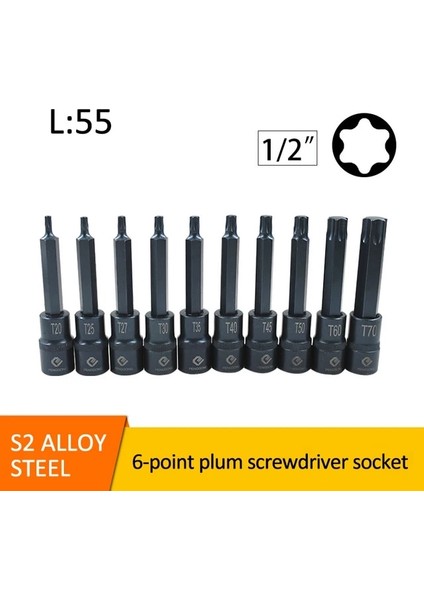 1 Adet Torx 55MM T55 1 Adet 1/2 "sürücü Torx Bit Soket Hava Darbeli Anahtar Adaptör Uçları T20/T25/T27/T30/T35/T40/T45/T50/T55/T60/T70 Tornavida Uçları Için (Yurt Dışından)