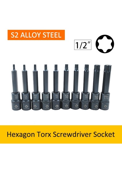 1 Adet Torx 55MM T55 1 Adet 1/2 "sürücü Torx Bit Soket Hava Darbeli Anahtar Adaptör Uçları T20/T25/T27/T30/T35/T40/T45/T50/T55/T60/T70 Tornavida Uçları Için (Yurt Dışından)