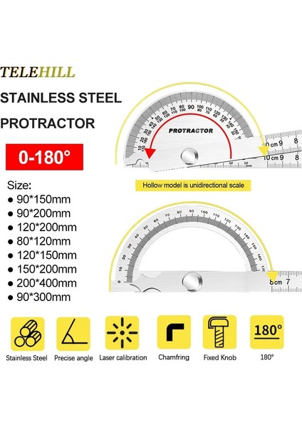 HOLLOW-80X120MM 180 Derece Iletki Yüksek Hassasiyetli Metal Açı Bulucu Gonyometre Paslanmaz Çelik Döner Ölçüm Cetveli Ağaç Işleme Cetveli (Yurt Dışından) fiyatları