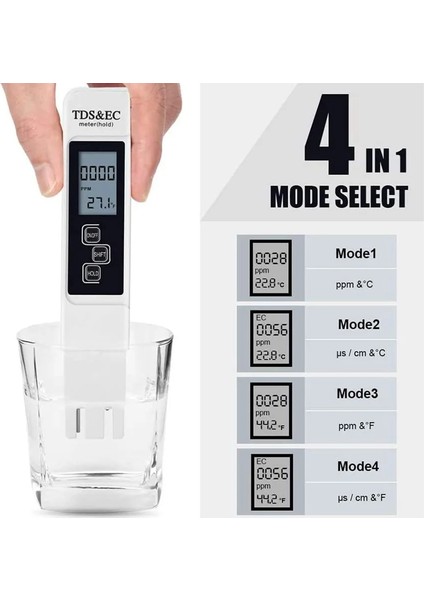 Basit Model 3'ü 1 Arada Tds Ec Metre Sıcaklık Dijital LCD Su Test Kalemi Saflık Filtresi, 4 Farklı Mod ile Su Seviyesi Test Cihazı (Yurt Dışından) fırsatları