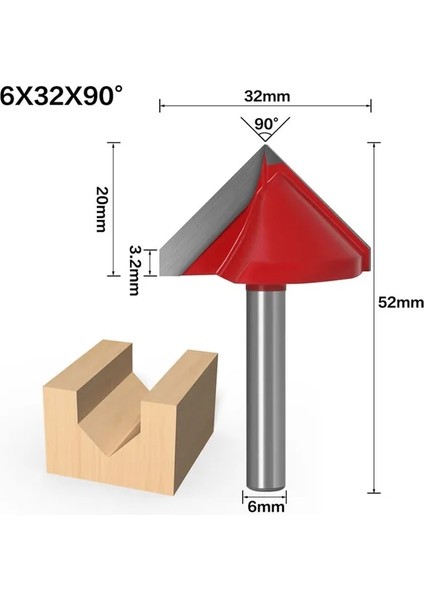 6X32X90 6mm Shank 3D V Şeklinde Bilgisayar Oyma Bıçağı Cnc Katı Karbür Parmak Freze Kesici Ağaç Işleme Mdf Yönlendirici Bit 60/90/120/150 Derece (Yurt Dışından)