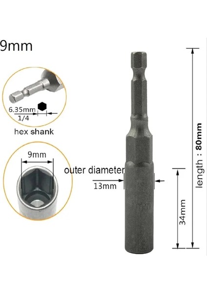 9mm 1 Adet Altıgen Soket Kol Nozulları Somun Anahtarı Seti 80MM Uzunluk 1/4 "güç Somunları Sürücü Soket Tornavida Seti Uçları Setleri Araçları 5.5-17MM (Yurt Dışından)