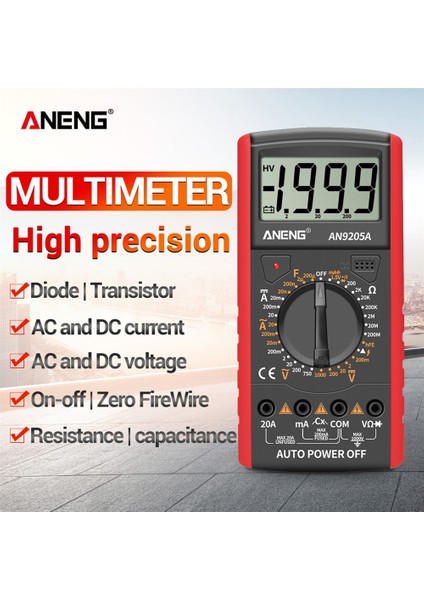 Kırmızı Aneng AN9205A + LCD Ekran 1999 Sayımlar Dijital Multimetre Taşınabilir Ac / Dc Voltmetre Ampermetre Direnç Test Cihazı (Yurt Dışından)