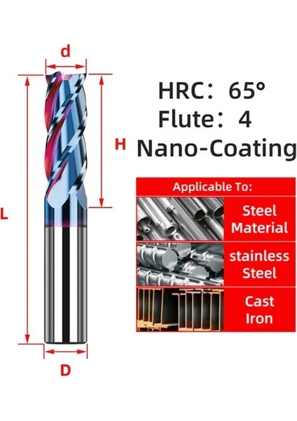 D1.5XD4X50L 1 Adet HRC65 4f HRC55/65 4 Flüt Alaşım Tungsten Çelik Freze Karbür Parmak Frezeler Kesici Kesme Aleti Cnc Işleme Kaplama Düz Uçlu Değirmen (Yurt Dışından)