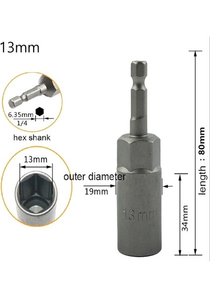 13MM 1 Adet Altıgen Soket Kol Nozulları Somun Anahtarı Seti 80MM Uzunluk 1/4 "güç Somunları Sürücü Soket Tornavida Seti Uçları Setleri Araçları 5.5-17MM (Yurt Dışından)