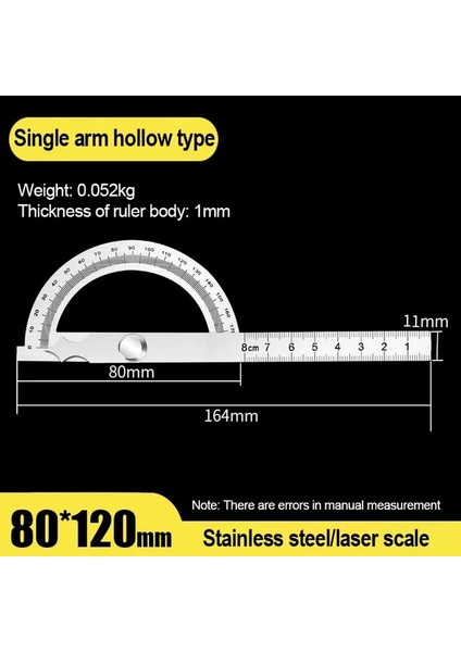 HOLLOW-80X120MM Ağaç Işleme 180° Iletki Paslanmaz Çelik Açı Ölçer Bulucu Yüksek Hassasiyetli Ayarlanabilir Ölçüm Cetveli Profesyonel Gonyometre (Yurt Dışından)