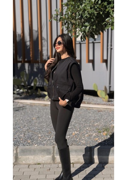 Alisa Cep Detaylı Astarlı Yelek Siyah