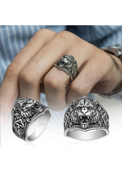 Aslan Başı Motifli Taşsız 925 Gümüş Erkek Yüzük