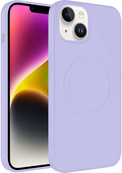 Apple iPhone 14 Plus Kılıf Magsafe Wireless Şarj Özellikli Pastel Renk Silikon Plas Kapak-Lila-