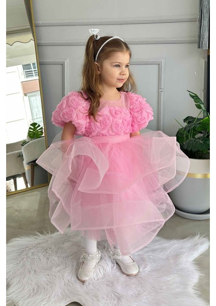 Dokulu Kız Çocuk Tüllü abiye - Pembe