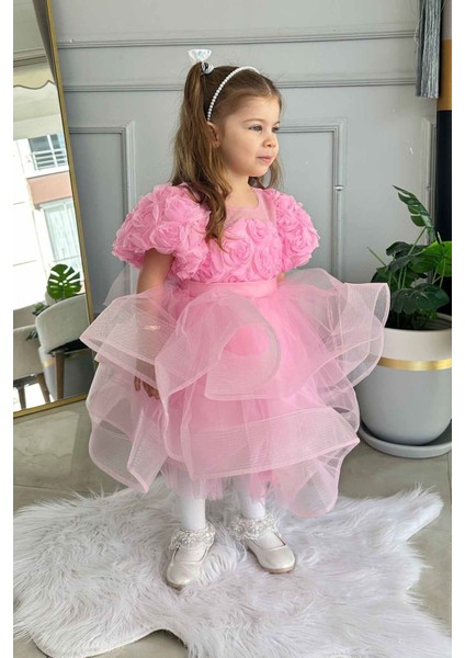 Dokulu Kız Çocuk Tüllü abiye - Pembe modelleri