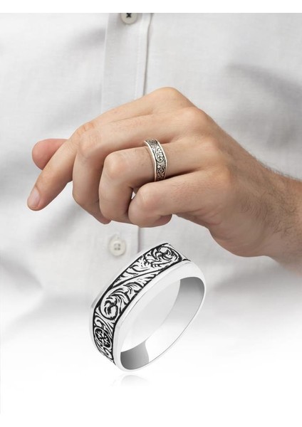 Kalem Işlemeli Motifli Gümüş Erkek Yüzük