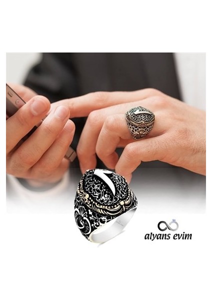 Gümüş Kenarları Vav Üst Elif Harfli Erkek Yüzük