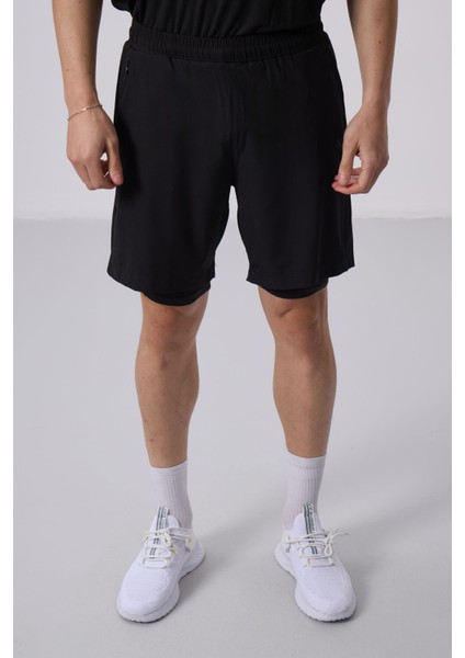 Siyah Polyester Ince Yumuşak Standart Fit Erkek Taytlı Şort - 81287