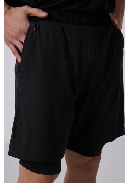 Siyah Polyester Ince Yumuşak Standart Fit Erkek Taytlı Şort - 81287 modelleri