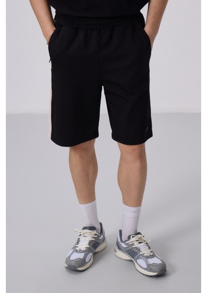 Siyah-Bej Yüzeyi Dokulu Oversize Erkek Şort - 81288