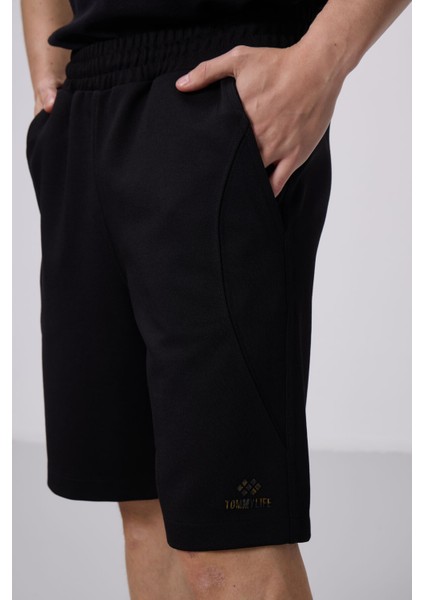 Siyah-Bej Yüzeyi Dokulu Oversize Erkek Şort - 81288