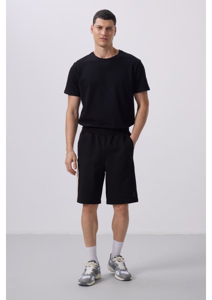 Siyah-Bej Yüzeyi Dokulu Oversize Erkek Şort - 81288