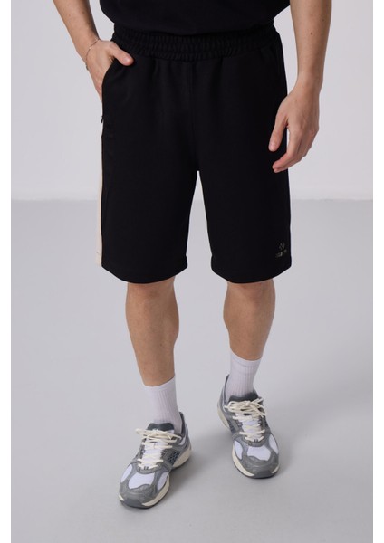 Siyah-Bej Yüzeyi Dokulu Oversize Erkek Şort - 81288