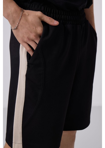 Siyah-Bej Yüzeyi Dokulu Oversize Erkek Şort - 81288