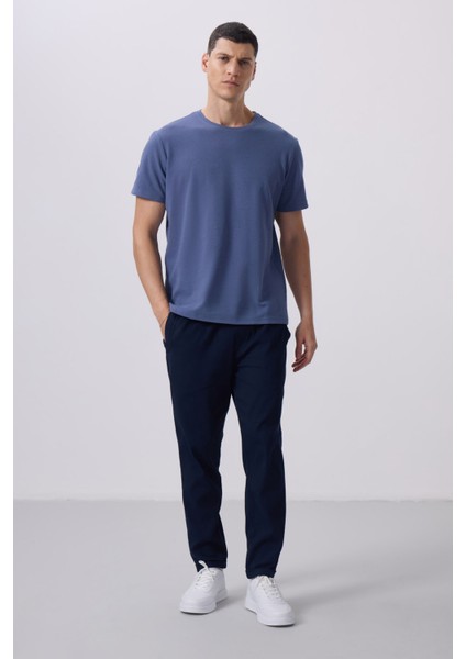 Koyu Mavi Yüzeyi Dokulu Rahat Form Basic Erkek T-Shirt - 88436 modelleri