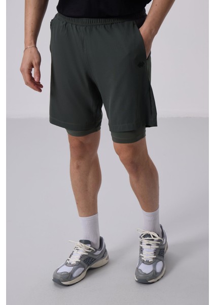 Haki Polyester Ince Yumuşak Standart Fit Erkek Taytlı Şort - 81287