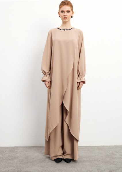Asimetrik Kesim Tunik Pantolon Takım - Bej