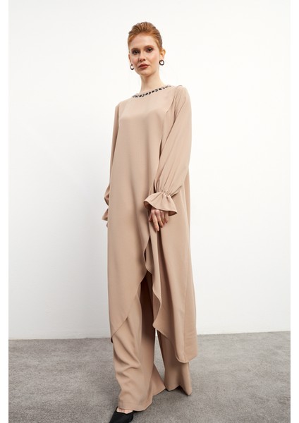 Asimetrik Kesim Tunik Pantolon Takım - Bej modelleri