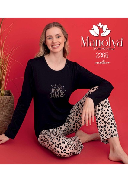 Kadın Modal Penye Uzun Kol Leopar Pijama Takımı