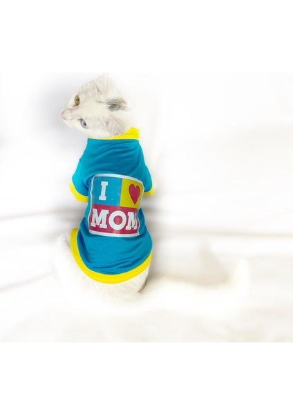 Love Mom Blue, Oval Yaka Tişört Kedi Kıyafeti,elbisesi Anneler Günü