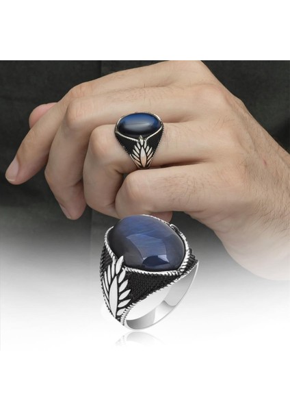 Mavi Kaplan Gözü Taşlı Oval 925 Gümüş Erkek Yüzük