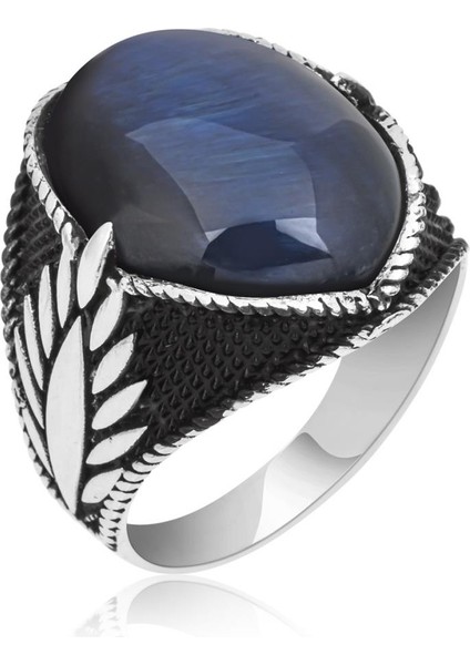 Mavi Kaplan Gözü Taşlı Oval 925 Gümüş Erkek Yüzük fiyatları