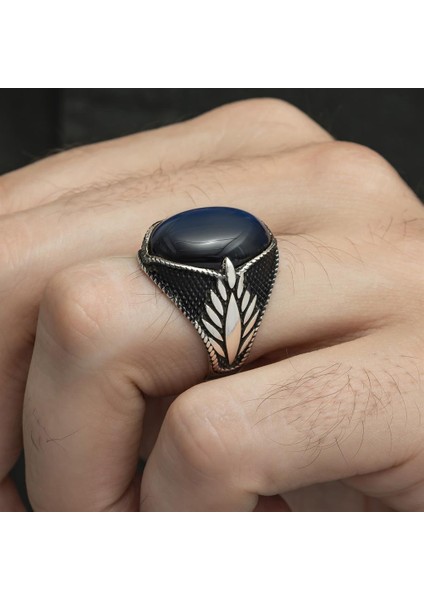 Mavi Kaplan Gözü Taşlı Oval 925 Gümüş Erkek Yüzük modelleri