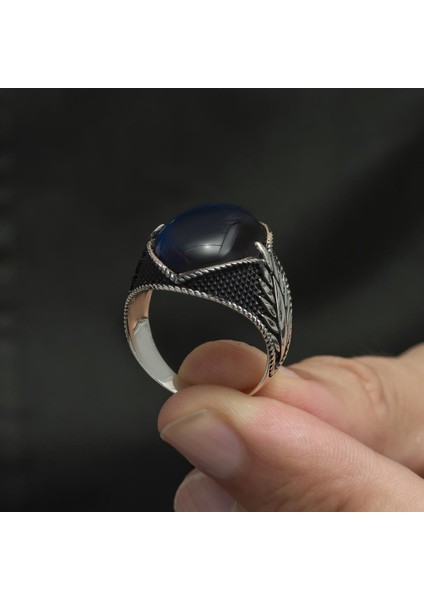 Mavi Kaplan Gözü Taşlı Oval 925 Gümüş Erkek Yüzük indirimleri